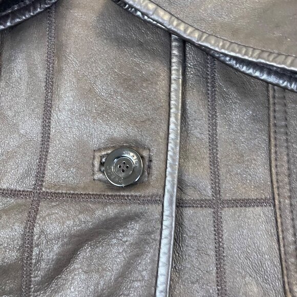 Christ Womens Dark Brown Leather Coat Button Front Shearling Collar Longline Sz - Picture 3 of 7